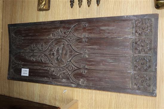 An Italian carved walnut panel, a giltwood frieze and a brass wall rack